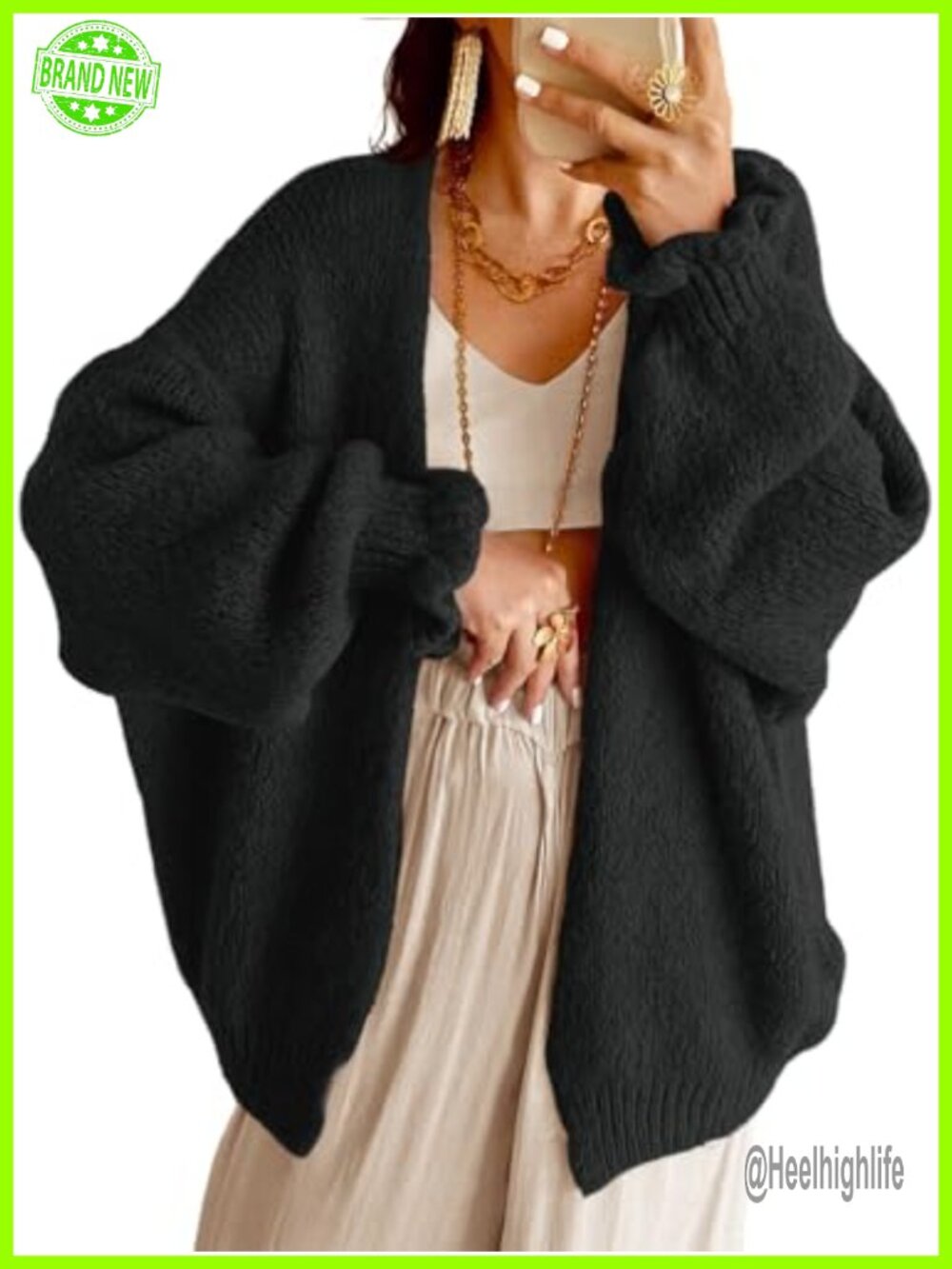 Oversized Chunky Knit Open Front Lantern Sleeve Cardigan Sweater
